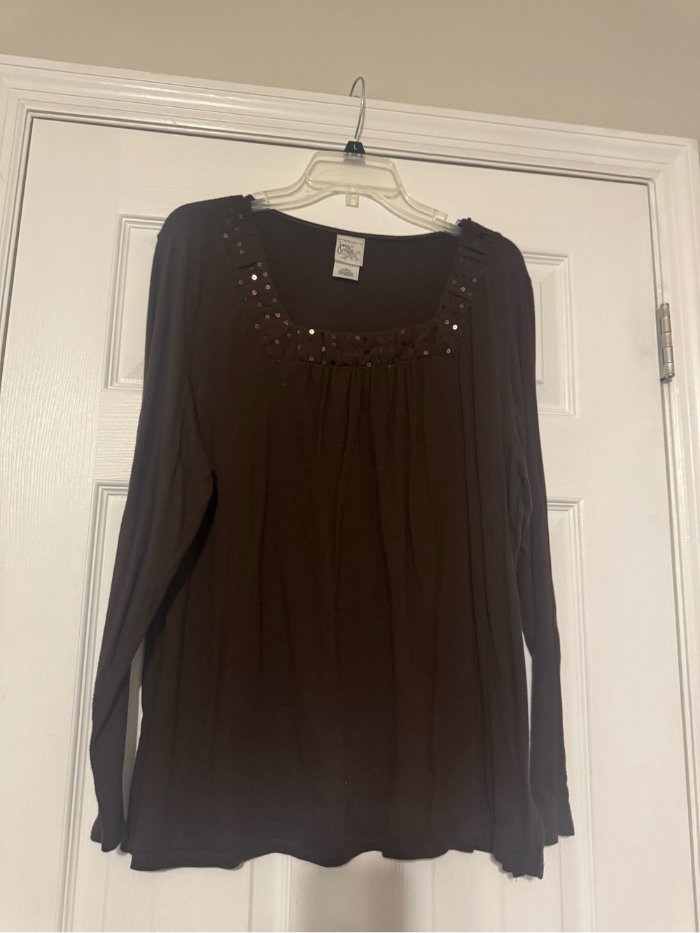 Just My Size Brown Long-Sleeve Scoop Neck Top with Sequin Trim